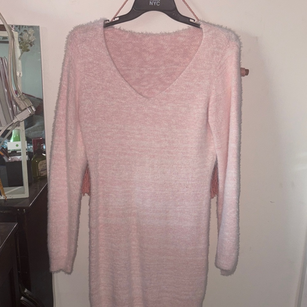 Cozy Light Pink V-Neck Fuzzy Knit Sweater Dress